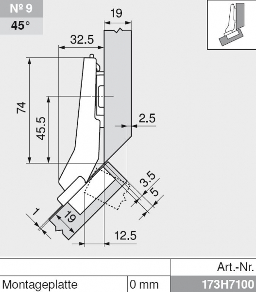 CLIP top BLUMOTION Winkelscharnier 45° II, aufschlagend, Topf: INSERTA