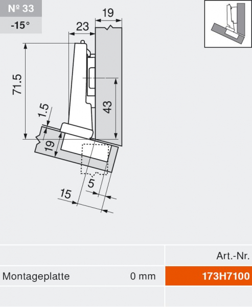 CLIP top BLUMOTION Winkelscharnier -15° III, max. aufschl., Topf: INSERTA
