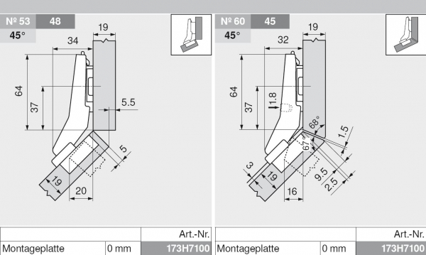 CLIP top Winkelscharnier +45° I, halbaufschlagend, ohne Feder, Topf: Schrauben