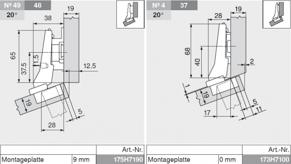 CLIP top Winkelscharnier +20° II, aufschlagend, ohne Feder, Topf: Schrauben