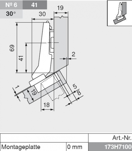 CLIP top Winkelscharnier +30° II, aufschlagend, ohne Feder, Topf: Schrauben