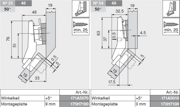 CLIP top Winkelscharnier +45° I, halbaufschlagend, ohne Feder, Topf: Schrauben