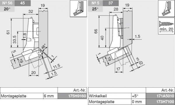 CLIP top Winkelscharnier +20° II, aufschlagend, ohne Feder, Topf: Schrauben