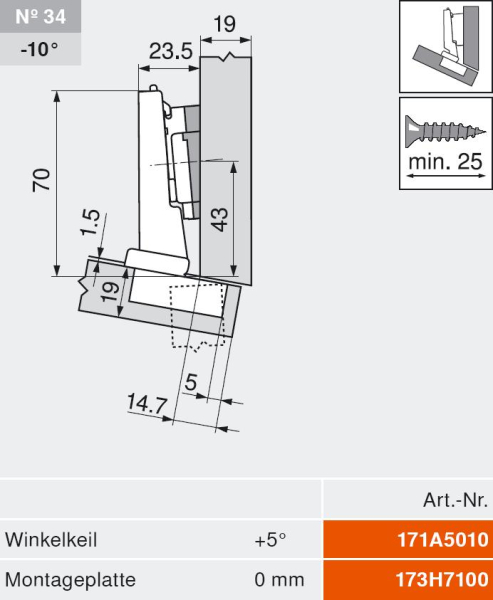 CLIP top BLUMOTION Winkelscharnier -15° III, max. aufschl., Topf: INSERTA