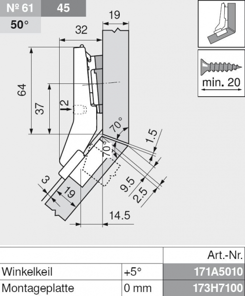 CLIP top Winkelscharnier +45° I, halbaufschlagend, ohne Feder, Topf: Schrauben