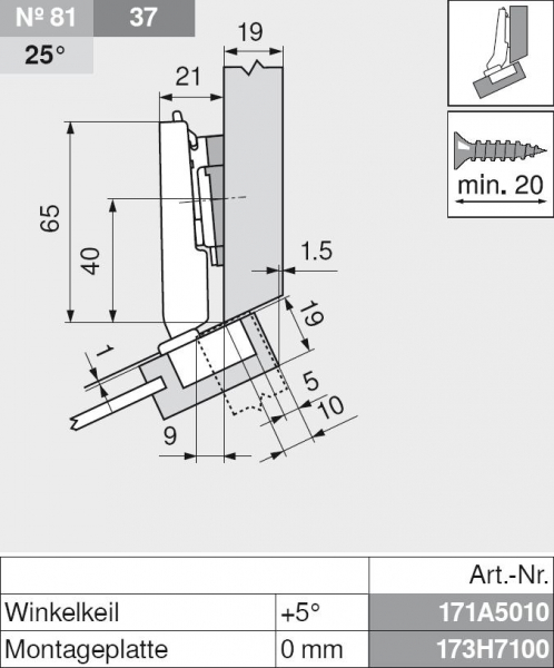 CLIP top Mini-Winkelscharnier 20° II, aufschlagend, mit Feder, Topf: Schrauben