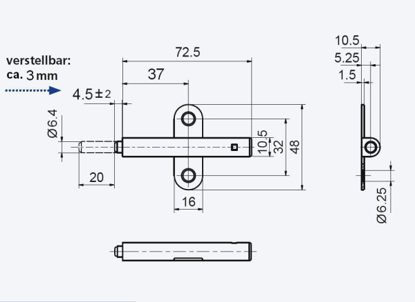 Push Latch zum Anschrauben, grau, Hub 20mm, Abstand Vorderkante 37mm