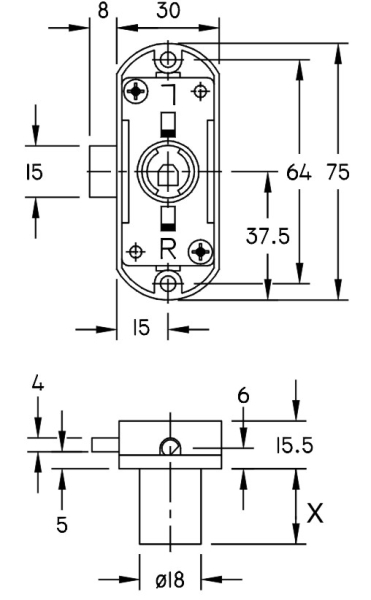 Drehstangenschloss zum Anschr Dornmaß 15mm, Plattenstärke 32mm, links / rechts