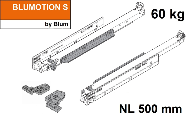 MOVENTO mit BLUMOTION S, Vollauszug für Holzschubkasten, 70 kg, NL=500mm, mit Kupplungen, für TIP-ON-Blumotion, 766H5000S