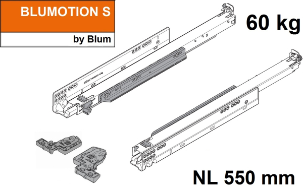 MOVENTO mit BLUMOTION S, Vollauszug für Holzschubkasten, 60 kg, NL=550mm, mit Kupplungen, für TIP-ON-Blumotion, 766H5500S