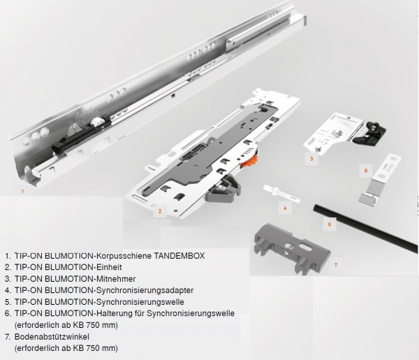 TANDEMBOX TIP-ON Blumotion Korpusschiene Vollauszug, 30 kg, NL= 300mm, li/re