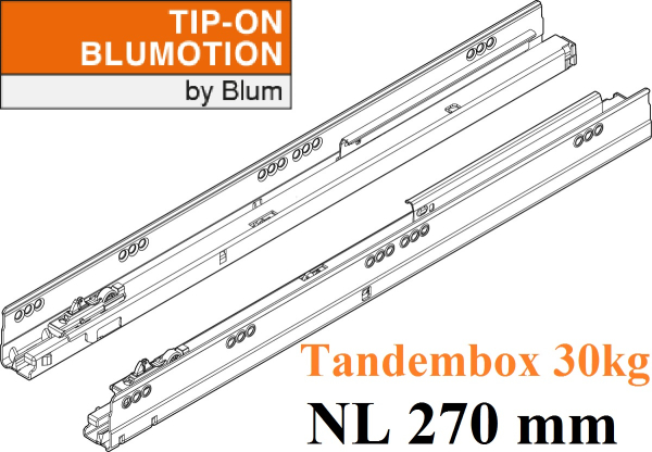 TANDEMBOX TIP-ON Blumotion Korpusschiene Vollauszug, 30 kg, NL= 270mm, li/re