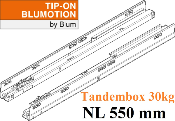 TANDEMBOX TIP-ON Blumotion Korpusschiene Vollauszug, 30 kg, NL= 550mm, li/re