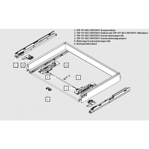 TANDEMBOX TIP-ON Blumotion Korpusschiene Vollauszug, 65 kg, NL= 500mm, li/re