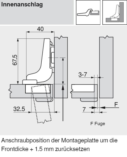 CLIP top Profiltürscharnier 95°, 18mm gekröpft, ohne Feder, Topf: Schrauben