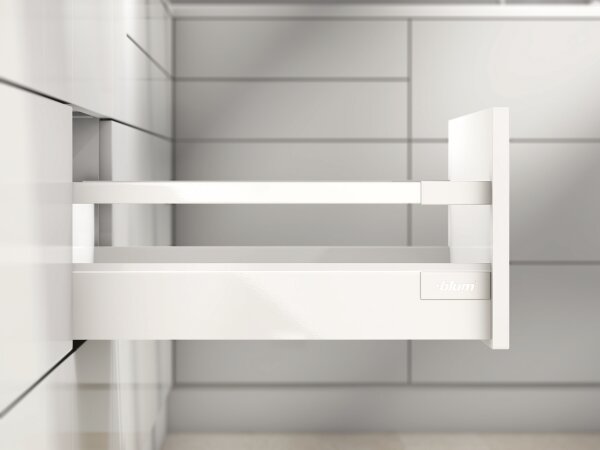 Schubkasten-Bausatz, Tandembox Antaro, Systemhöhe C 192mm mit Reling, mit Korpusschiene 30/65 kg Blumotion 500 mm seidenweiß 30 kg Schrauben