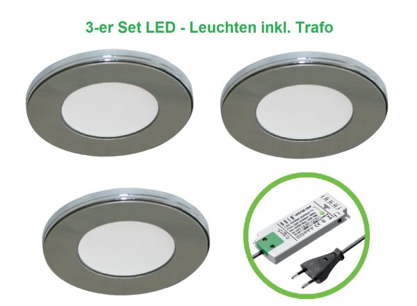 801004 3er Set, Trendi LED Einbau-/Aufbauspot, inklusive 15 Watt Trafo