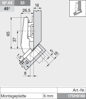 78A9458.T CLIP top Winkelscharnier +45° III, max. aufschlagend, ohne Feder, Topf: Schrauben