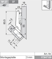CLIP top Winkelscharnier -45° III, max. aufschlagend, ohne Feder, Topf: Schrauben