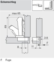 70T6550TL CLIP top Weitwinkelscharnier 170°, Eckanschlag, ohne Feder, Topf: Schrauben