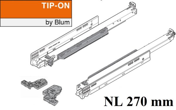 760H2700T MOVENTO mit TIP-ON, Vollauszug für Holzschubkasten, 40 kg, NL=270mm, mit Kupplungen