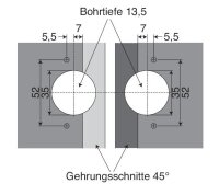 SI.15.04.020 Gehrungsscharnier 45° Öffnungswinkel 135° Türstärken 15 bis 22 mm