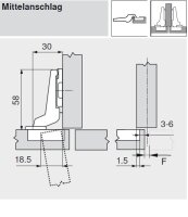 91M2680 MODUL Standardscharnier 100°, Mittelanschlag, Topf: Einpressen