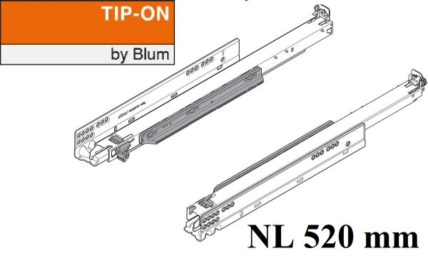 760H5200T MOVENTO mit TIP-ON, Vollauszug für Holzschubkasten, 40 kg, NL=520mm, ohne Kupplungen