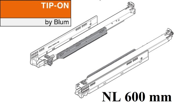 760H6000T MOVENTO mit TIP-ON, Vollauszug für Holzschubkasten, 40 kg, NL=600mm, ohne Kupplungen