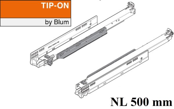 766H5000T MOVENTO mit TIP-ON, Vollauszug für Holzschubkasten, 70 kg, NL= 500mm, ohne Kupplungen