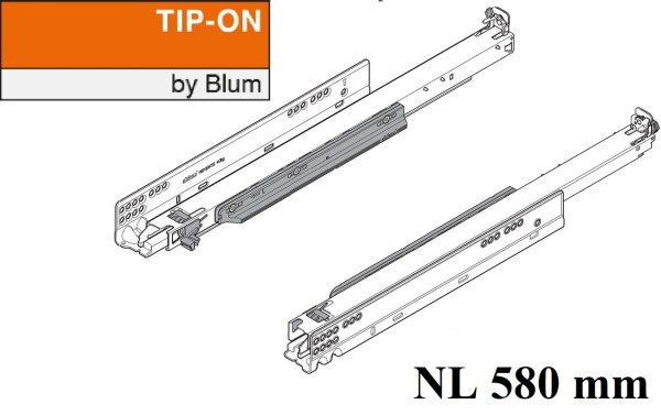 766H5800T MOVENTO mit TIP-ON, Vollauszug für Holzschubkasten, 70 kg, NL= 580mm, ohne Kupplungen