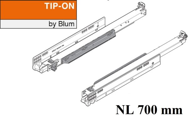 766H7000T MOVENTO mit TIP-ON, Vollauszug für Holzschubkasten, 60 kg, NL= 700mm, ohne Kupplungen