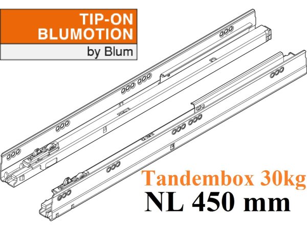 578.4501M TANDEMBOX TIP-ON Blumotion Korpusschiene Vollauszug, 30 kg, NL= 450mm, li/re