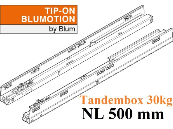 578.5001M TANDEMBOX TIP-ON Blumotion Korpusschiene Vollauszug, 30 kg, NL= 500mm, li/re