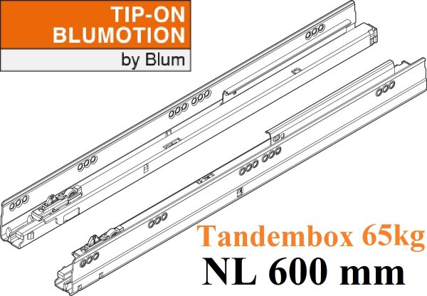 576.6001M TANDEMBOX TIP-ON Blumotion Korpusschiene Vollauszug, 65 kg, NL= 600mm, li/re